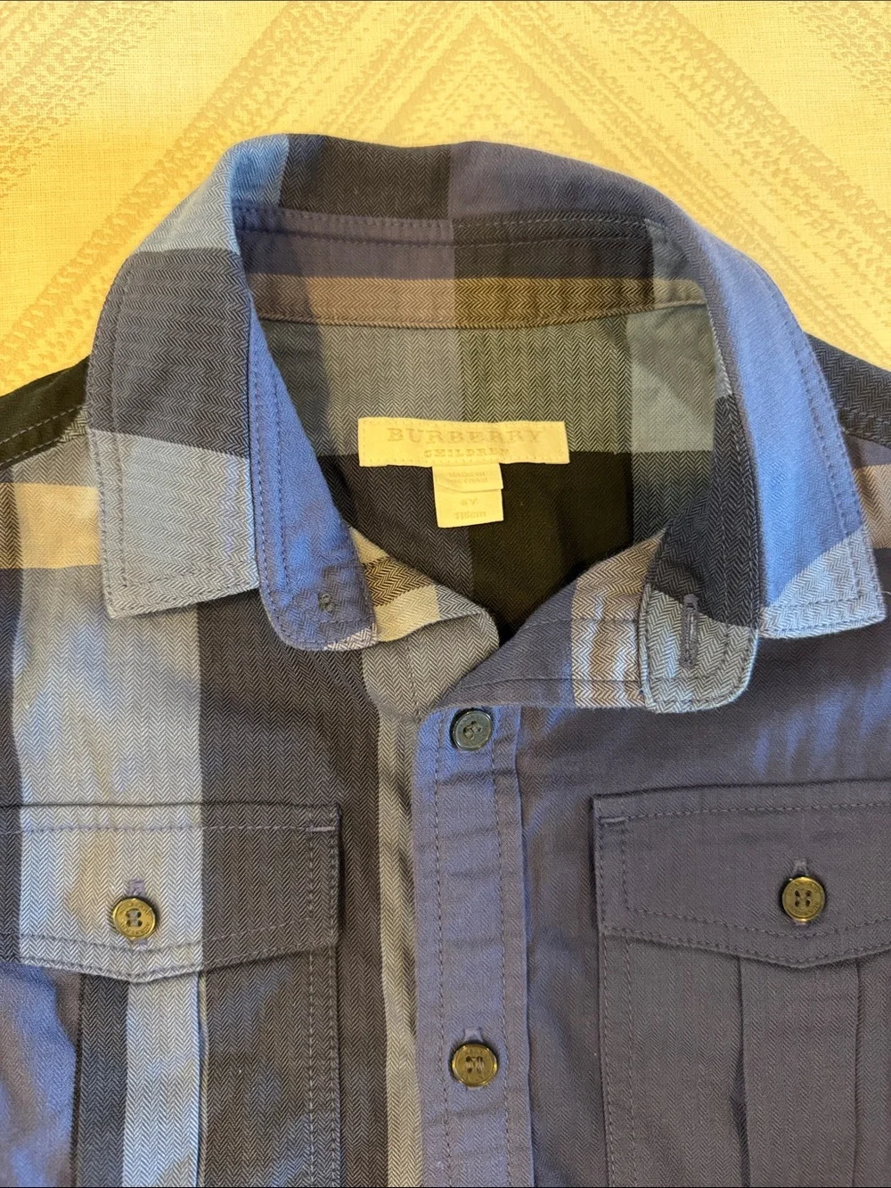 Burberry Children 6Y Blue Herringbone Plaid Button Down Shirt Roll Tab Sleeves